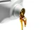 Placeholder: a plastic motor oil bottle floating on side pouring out oil the opening. white background, Smooth vector