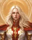 Placeholder: beautiful girl, floating golden halo above her, glowing golden eye, platinum blonde hair, long wavy hair, wearing expensive detailed intricate white leather armor, wearing red detailed cape, full body, war in the background, realism, realistic