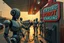 Placeholder: A cinematic wide-angle oil painting of a humanoid robot plugging a thick electric charging cable into its torso port at a futuristic charging station within a retro-style gas station. A long line of identical humanoid robots stands patiently behind, waiting for their turn to recharge. A large vintage-style sign to the side reads 'Electric Robot Charging Station.' The scene is bathed in golden-hour lighting, with rich, noisy colors, expressive thick brushstrokes, intricate steampunk elements, glo