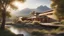 Placeholder: beautiful house, perfect architecture, style Frank Lloyd-Wright, rural environment, sunshine, volumetric lighting, trees, river, distant mountains, award-winning photograph, photorealism, superb details, light and shade, beautiful composition, attractive, peaceful, exquisite