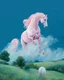 Placeholder: a pink horse in hills like a 19th painting