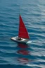 Placeholder: very small sail boat red ship with a white stripe the ship is 50 years old and far away out in the ocean bad quality the ship is so far that it is hard to see it has algee and holes further away than 500 meters