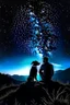 Placeholder: Black background on a mountaintop. A silhouette of a fit human man and a silhouette of a fit human woman sitting close to each other, looking at the stars. A large dog is in the photo behind the woman and the man.