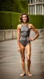 Placeholder: anorexic beautiful woman, age 21, total shot, short anthracite triathlon swimsuit, wavy bob haircut, brunette hair, blurred concrete background