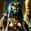 Placeholder: scene from Egyptian mythology. The cat goddess Bastet. She has the body of a woman and the head of a cat.