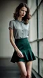 Placeholder: beautiful anorexic secretary, total shot, short satin skirt, nylons, short brunette wavy bob hair, blurred concrete background