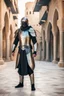 Placeholder: Arab cyborg warrior Full Body Full Armored helmet,Wearing Face Mask Iron Masculine Mysterious Powerful Fantasy High Quality clothes,islamic city background