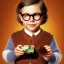 Placeholder: Peter billingsley chubby kid Tortoise-shell glasses, Holding a ((dark red soap bar)) in his hand, brown argyle sweater