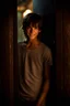 Placeholder: 15 year old young boy with lightly tanned skin and brown hair wearing a teeshirt, standing by a door, smiling, dark fantasy