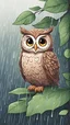 Placeholder: A cute drawing of An owl trying to hide the best she can from the rain under a leaf, because she HATES when it rains.