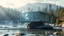 Placeholder: Modern minimalist glass house floating on a mountain river, heavenly angel passing through the transparent walls as if they were water, shining halo, gentle waterfalls, pine forest in the background, serene and mystical atmosphere, contemporary art style