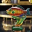 Placeholder: a blown glass fish with rainbow-hued stripes, early 20th century Art Deco. Elegant and intricate detailing super realistic