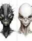 Placeholder: Humanoid face divided in two, on the right part a fish alien with gills and scales, on the left part a classic alien with big black eyes, b/w tattoo style