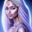 Placeholder: portrait of a beautiful somalian woman with an angel face smiling,long blond hair, blue eyes, pink and blue dress, jewels, soft light aura