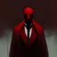 Placeholder: a sinister faceless figure wearing a red suit and a priest's collar with no face and dirty slicked back hair