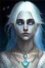 Placeholder: hauntingly beautiful character for dnd, young woman with white hair and blue eyes, angel, with moon necklace