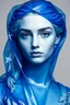 Placeholder: Deep blue shiny thick transparent plastic covered a Greek white marble woman portrait, light gray background ,blue eyes, dark eyebrows