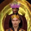 Placeholder: God-like man with infinite power who owns the galaxies and wears a beautiful crown, a jewel of diamonds and galaxies with weapons riding on a creature with an eagle head and eagle wings and eagle hands