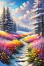 Placeholder: a field filled with lots of flowers next to a forest, footsteps in the snow, beautiful master painting, splashes of colors, path, very attractive and beautiful clouds, ( land ), pathway, color splashes, beautiful view, soft edges, stunning screensaver.