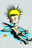 Placeholder: 2d drawing of a stickman, cool with punk hair, x eyes like in hangman, stickman body,no shirt, swim pants, laying down, tanning in the sun, 3d realistic in colour