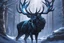 Placeholder: Shadow symbiote in 8k realistic anime drawing style, Deer them, human model, blue neon crystal antlers deer, fantasy snow forest, intricate details, highly detailed, high details, detailed portrait, masterpiece,ultra detailed, ultra quality
