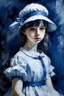 Placeholder: indigo girl with a victorian style wig in a white dress in oil painting effect ink brushstrokes