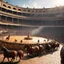 Placeholder: A scene unfolds in ancient Rome, where a grand carousel of gladiators and gladiatrix spins under the sun over the arena. It's raining. The gladiators and the gladiatrix : men and women ride beasts and fantastic animals while the carousel moves with a hypnotic rhythm.