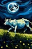 Placeholder: plano detalle de una vaca corriendo por el prado a la noche con la imagen de la luna al estilo de van googh