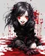 Placeholder: Petit girl goth smiling, lying pose, fullbody, behind blood guts splashes rising from the ground, illustration by <Yoji Shinkawa>, darkred tones,