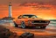Placeholder: 1970s BOSS 302 orange mustang in coastal, intricated details, sunset, lighthouse, painting style, dramatic lighting