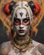 Placeholder: realistic portrait of harley quinn Hyperrealism, Ethereal portrait of a mystical being with tribal features, vibrant orange eyes, reptilian pupils, intricate scale-like patterns around the eyes, pale skin adorned with freckles, tribal tattoo on the nose bridge. Adorned in a weathered yellow tribal mask with dark markings, a central rivet, necklaces of gold, black, and red beads, a rustic red and dark green scarf with intricate designs, and small earrings. Serene expression, intense gaze, desatur