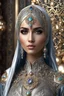 Placeholder: Length picture photography realistic full body of young iranian woman hijab, beautiful, shiny hard eyes, make up, Fantasy style, shiny baubles, ornate, large gemstones, shiny molten metalics, shiny wire filigree, silver hair, high definition, high res, octane render