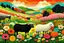 Placeholder: Create a vibrant pastoral scene featuring a colorful landscape. In the foreground, two sheep stand among flowers: one is black with a smooth texture, and the other is white and fluffy. Surrounding them are various stylized flowers in hues of orange, pink, and cream. The midground features a gentle rolling terrain with black sheep and white sheep grazing peacefully, some scattered throughout the grassy field. Towards the background, a serene river winds through the landscape, reflecting the soft