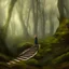 Placeholder: A lady holding torch walking up the stairs, mysterious Forest surrounding her, dark