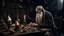 Placeholder: An elderly Caucasian man with a long gray beard sitting at a wooden table in a dimly lit room filled with various occult and mystical objects, including a skull, candles, and other artifacts