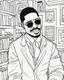 Placeholder: coloring page for teens, simple outlines art, cartoon style, outline drawing, bold outlines, clean and clear outlines, no tones color, no color, no detailed art, art full view, wide angle, white background, STEVIE WONDER.