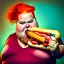 Placeholder: fat man with red hair eating a hot dog