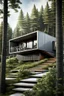 Placeholder: Medium sized, modern house made from shipping containers, on a hill in the woods, photorealistic