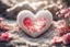 Placeholder: Double exposure, merged layers, cute chibi snowy heart and love, pink and red, made with concrete and driftwood and rare pearl and low voltage filament lit, in sunshine, white lace, burlap, waterfall, flowers, in sunshine, ethereal, cinematic postprocessing, bokeh, dof