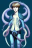 Placeholder: 16 year old boy warlock with milky blue eyes, and lamprey tentacle growing out of his belly. in the style of HR Giger