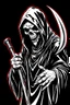 Placeholder: hooded Grim-Reaper gripping a staff with both hands, vignette, black and white graphic novel style with a red outline on black background, extreme distortion and melding of shapes, gothic body horror
