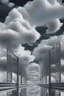 Placeholder: a bridge which has white clouds, in the style of futuristic digital art, grid formations, hall of mirrors, black and gray, photorealistic fantasies, multilayered dimensions, frontal perspective