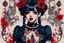 Placeholder: Poster in two gradually, a one side malevolent goth vampire girl face and other side the Singer Melanie Martinez face, full body, painting by Yoji Shinkawa, darkblue and sepia tones, wears a smart shirt which is embroidered with red flowers and ornaments, has dark eyes and horns