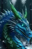 Placeholder: Dragon King, green -blue dragon head crown, decorated with shining crystals, in mystery snowy forest, ultra realistic