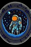 Placeholder: An astronaut looking at the porthole an unknown planet in the deep space. Pixel art