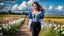 Placeholder: fullbody girl makeup wearing a victorian top and tight pants walking in country side ,flowers ,pretty clouds in blue sky