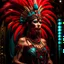 Placeholder: A woman wearing an elaborate Aztec-inspired costume, including a headdress with colorful feathers, a beaded necklace, and a red dress with a high slit. She is standing against a backdrop of ornate Aztec-style carvings and patterns in shades of turquoise and red. The image has a dramatic, cinematic quality with strong lighting and shadows that highlight the intricate details of her costume.