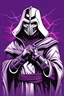 Placeholder: masterpiece, best quality, MF DOOM striking a pose, horror villain, simple logo background, in the style of japanese manga, duotone, professional quality drawing, ultra detailed, joyful lightning, only two colors purple and white with some shades, half body shot