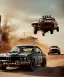 Placeholder: Realistic image. Mad max car. BMW 4 series. woman in the foreground. 4k resolution, intricate details, ornate details, soft lighting, vibrant colors, mad max background