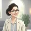 Placeholder: a portrait of smiling woman wearing ivory blazer with white shirt inside. long black hair, messy hair. light skin. black eye pupils. big nose. pear face shape. wearing small rectangle glasses, transparent glasees frame. thick eyebrow. pixar style. 3D. 4k. portrait. highly detailed. sharp focus. high resolution. full color. cinema lighting